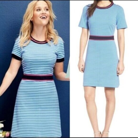 Draper James Persley Ponte Knit Dress Size M Blue White Stripe Red Trim - Picture 11 of 13